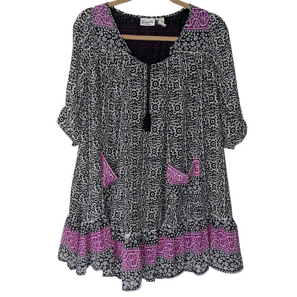 Sante' Classics Vintage Tunic Mini Dress One Size Black Nouveau Boho Tassel Tie - Picture 10 of 12